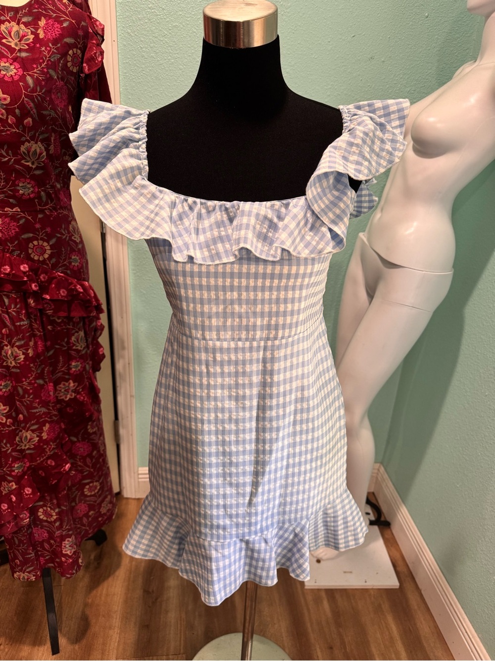 MAJORELLE Light Blue Gingham Ruffle Mini Dress